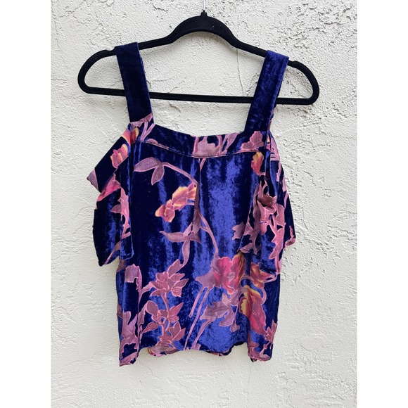 Floral Velvet Velour Rich Color Cold Shoulder Top Blouse Party Elegant - Picture 8 of 8